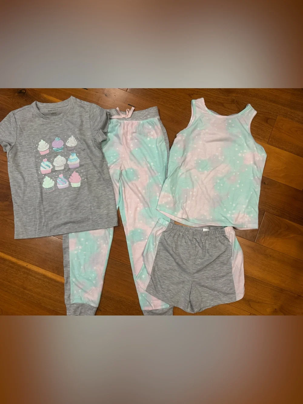 Girls' Gray & Pastel Mint-Pink Cupcake 4-Piece Pajama Set-size 10/12